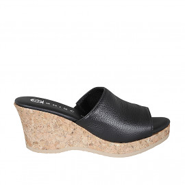 Woman's mules in black leather with platform wedge heel 7 - Available sizes:  33, 34, 35, 42, 43