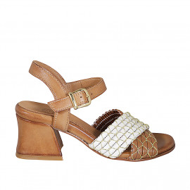 Woman's strap sandal in cognac brown and beige leather with golden net heel 6 - Available sizes:  32, 34, 35, 42, 43, 44, 45