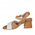 Sandalia para mujer con cinturon en piel cognac y beige con red oro tacon 6 - Tallas disponibles:  32, 34, 35, 42, 43, 44, 45