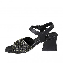 Sandale pour femmes avec courroie en cuir noir avec filet or talon 6 - Pointures disponibles:  32, 45 2