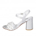 Woman's sandal in silver laminated leather and white raphia with ankle strap and rhinestones heel 7 - Available sizes:  32, 33, 34, 35, 42, 43, 44, 45