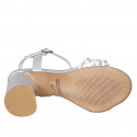 Woman's sandal in silver laminated leather and white raphia with ankle strap and rhinestones heel 7 - Available sizes:  32, 33, 34, 35, 42, 43, 44, 45