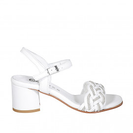 Woman's sandal in white leather and raphia with ankle strap and rhinestones heel 5 - Available sizes:  35, 43, 44, 45