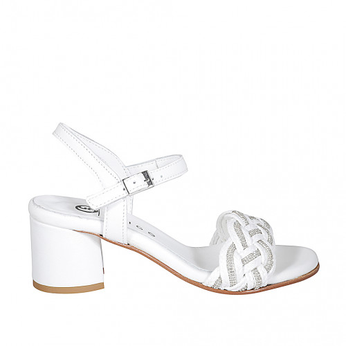Sandale pour femmes en cuir et rafia blanc avec courroie à la cheville et strass talon 5 - Pointures disponibles:  35, 43, 44