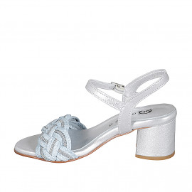 Sandalo da donna in pelle laminata argento e rafia azzurra con cinturino alla caviglia e strass tacco 5 - Misure disponibili: 35 2