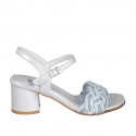 Woman's sandal in silver laminated leather and light blue raphia with ankle strap and rhinestones heel 5 - Available sizes:  32, 33, 35, 43, 44, 45