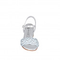 Woman's sandal in silver laminated leather and light blue raphia with ankle strap and rhinestones heel 5 - Available sizes:  32, 33, 35, 43, 44, 45