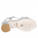 Woman's sandal in silver laminated leather and light blue raphia with ankle strap and rhinestones heel 5 - Available sizes:  32, 33, 35, 43, 44, 45