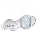 Woman's sandal in silver laminated leather and light blue raphia with ankle strap and rhinestones heel 5 - Available sizes:  32, 33, 35, 43, 44, 45