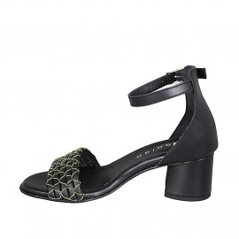 Chaussure ouverte pour femmes avec courroie en cuir noir avec filet or talon 5 - Pointures disponibles:  32, 35, 43, 45 2