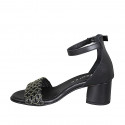 Woman's open shoe with strap in black leather with golden net heel 5 - Available sizes:  32, 33, 34, 35, 42, 43, 44, 45