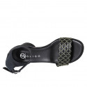 Woman's open shoe with strap in black leather with golden net heel 5 - Available sizes:  32, 33, 34, 35, 42, 43, 44, 45