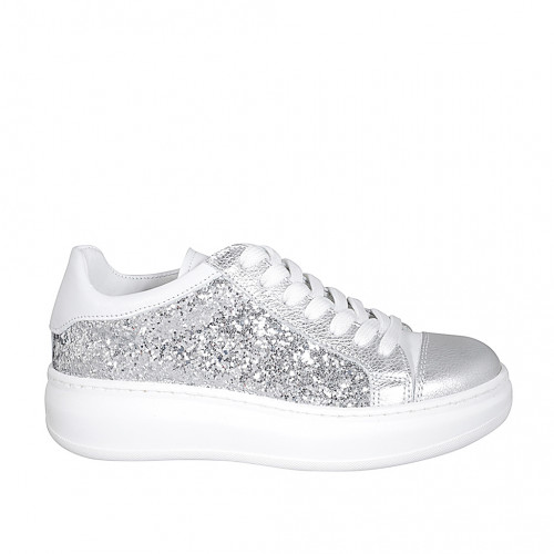Woman's laced shoe with removable insole in white and laminated silver leather with glitter wedge heel 4 - Available sizes:  33, 34, 35, 42, 43, 44