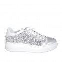 Woman's laced shoe with removable insole in white and laminated silver leather with glitter wedge heel 4 - Available sizes:  33, 34, 35, 42, 43, 44