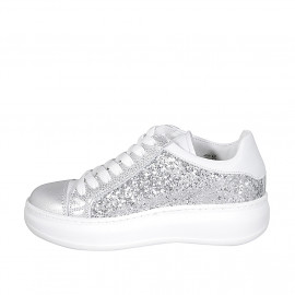 Woman's laced shoe with removable insole in white and laminated silver leather with glitter wedge heel 4 - Available sizes:  32, 42 2