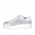 Woman's laced shoe with removable insole in white and laminated silver leather with glitter wedge heel 4 - Available sizes:  33, 34, 35, 42, 43, 44