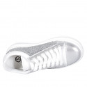Woman's laced shoe with removable insole in white and laminated silver leather with glitter wedge heel 4 - Available sizes:  33, 34, 35, 42, 43, 44