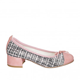 Woman's ballerina with bow and captoe in pink suede and multicolored fabric heel 4 - Available sizes:  32, 35