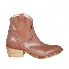 Bottine Texan pour femmes avec fermeture éclair et broderie en cuir cognac talon 5 - Pointures disponibles: 32, 33, 34, 35, 42, 43, 44, 45, 46, 47