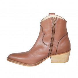 Bottine Texan pour femmes avec fermeture éclair et broderie en cuir cognac talon 5 - Pointures disponibles:  32, 43, 46 2