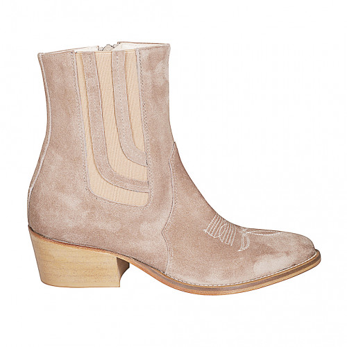 Bottine Texan pour femmes avec fermeture éclair, elastique et bout brodé en daim taupe talon 5 - Pointures disponibles:  32, 33, 35, 42, 43, 44, 45, 46, 47