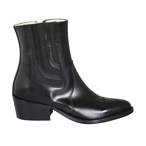 Woman's Texan ankle boot with zipper, elastic band and embroidered captoe in black leather heel 5 - Available sizes:  32, 33, 34, 35, 42, 43, 46