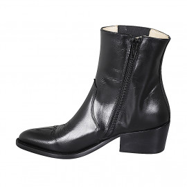 Stivaletto texano da donna con cerniera, elastico e punta ricamata in pelle nera tacco 5 - Misure disponibili: 35, 46 2