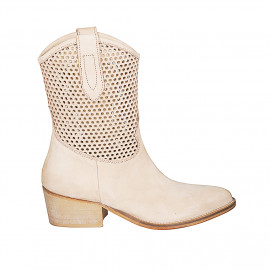 Woman's texan ankle boot with half zipper in beige nubuck and pierced nubuck leather heel 5 - Available sizes:  35, 42, 43, 44, 46