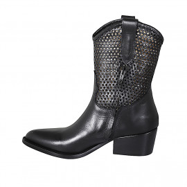 Woman's texan ankle boot with half zipper in black leather and pierced leather heel 5 - Available sizes:  32, 33, 44 2