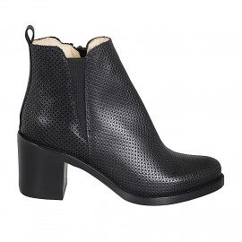 Botines para mujer en piel incrustada negra con elastico y cremallera tacon 6 - Tallas disponibles:  32, 33