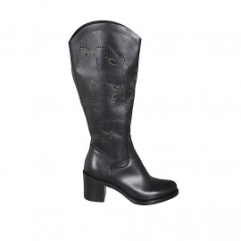 Woman's boot with half zipper in black leather and pierced leather heel 6 - Available sizes:  32, 33, 34, 35, 42, 44, 45, 46