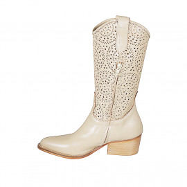 Stivale texano da donna con mezza cerniera in pelle e pelle forata beige tacco 5 - Misure disponibili: 45 2