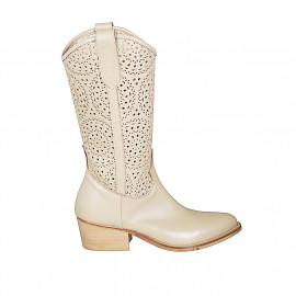 Woman's Texan boot with half zipper in beige leather and pierced leather heel 5 - Available sizes:  32, 33, 34, 35, 43, 45, 46