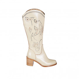 Woman's boot with half zipper in beige leather and pierced leather heel 6 - Available sizes:  32, 33, 35, 43, 44, 45