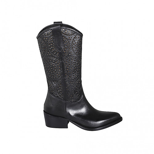 Bota tejana para mujer con media cremallera en piel y piel perforada negra tacon 5 - Tallas disponibles:  33, 35
