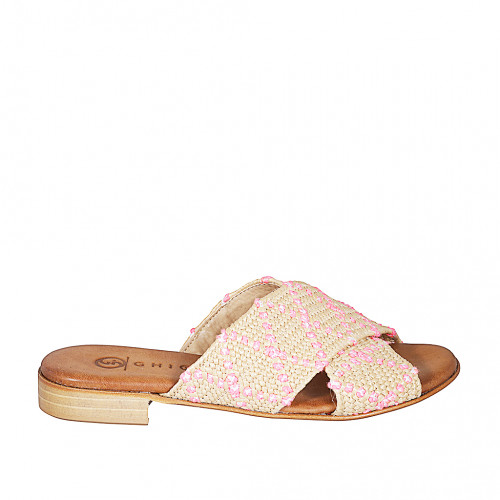 Woman's mule in beige, pink and white raffia heel 2 - Available sizes:  32, 33, 34, 35, 42, 43, 44
