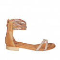Woman's open shoe with zipper and rhinestones in cognac brown leather and copper laminated leather heel 2 - Available sizes:  32, 34, 35, 43, 44, 45