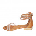 Woman's open shoe with zipper and rhinestones in cognac brown leather and copper laminated leather heel 2 - Available sizes:  32, 34, 35, 43, 44, 45