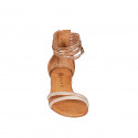 Woman's open shoe with zipper and rhinestones in cognac brown leather and copper laminated leather heel 2 - Available sizes:  32, 34, 35, 43, 44, 45