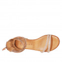 Woman's open shoe with zipper and rhinestones in cognac brown leather and copper laminated leather heel 2 - Available sizes:  32, 34, 35, 43, 44, 45