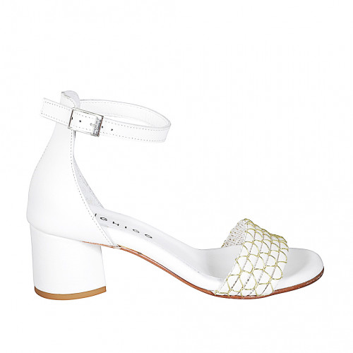 Woman's open shoe with strap in white leather with golden net heel 5 - Available sizes:  33, 34, 35, 42, 43, 44, 45