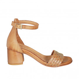 Chaussure ouverte pour femmes avec courroie en cuir cognac avec filet or talon 5 - Pointures disponibles:  32, 33, 34, 35, 42, 44