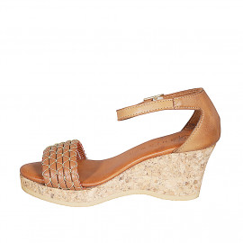 Woman's open shoe with strap in cognac brown leather with golden net and platform wedge heel 7 - Available sizes:  35 2