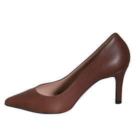 Zapato de salon a punta para mujer en piel marron tacon 7 - Tallas disponibles:  32, 33, 35, 43, 45 2