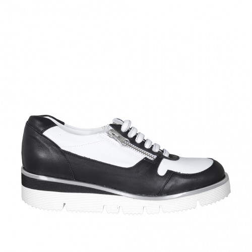 Scarpa stringata con cerniere da donna in pelle bianca e nera zeppa 3 - Misure disponibili: 32, 33, 34, 35, 42, 43, 44, 45