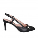 Woman's slingback pump in black leather with elastic band and accessory heel 7 - Available sizes:  32, 33, 34, 35, 42, 43, 44, 45