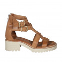 Chaussure ouverte pour femmes en cuir cognac avec fermeture éclair et boucles talon 4 - Pointures disponibles:  35