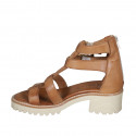 Chaussure ouverte pour femmes en cuir cognac avec fermeture éclair et boucles talon 4 - Pointures disponibles:  35