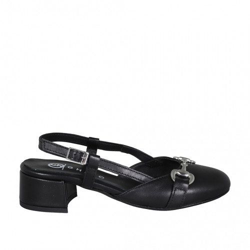 Woman's slingback with rounded tip and accessory in black leather heel 4 - Available sizes:  32, 33, 34, 35, 42, 43