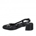 Woman's slingback with rounded tip and accessory in black leather heel 4 - Available sizes:  32, 33, 34, 35, 42, 43